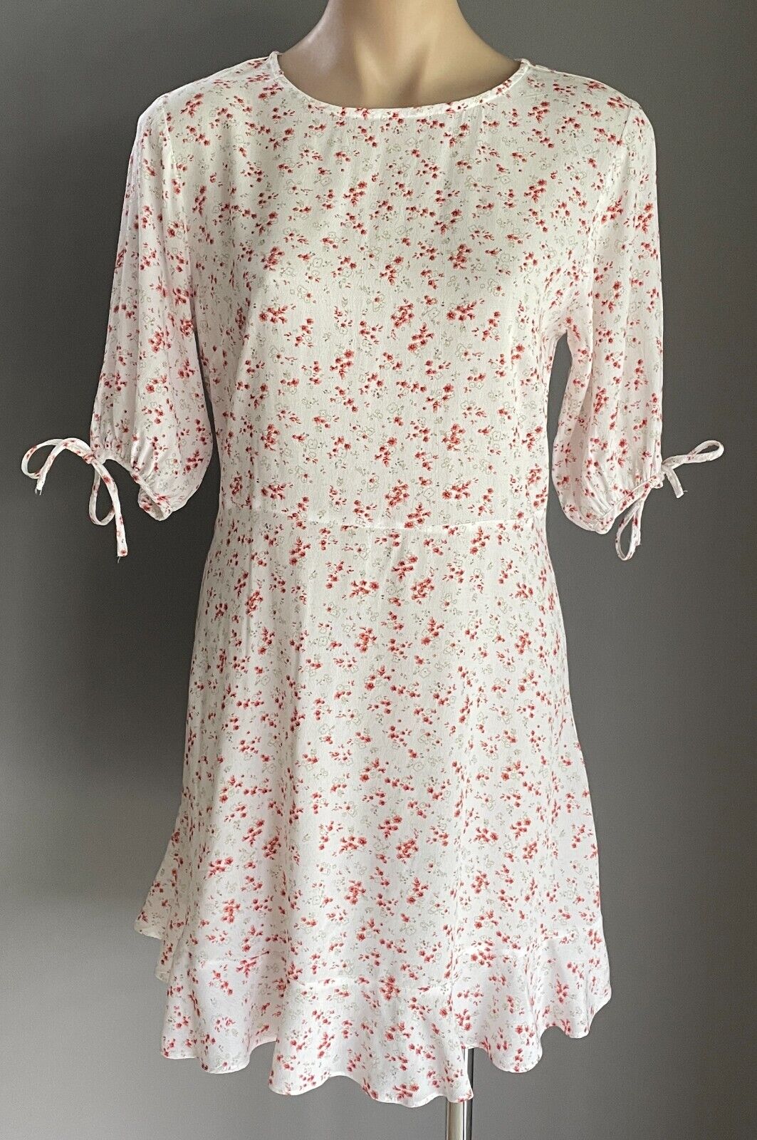 COTTON ON Dress White Floral Print Short Tie Sleeve Sheath w Flounce Hem Sz S 10