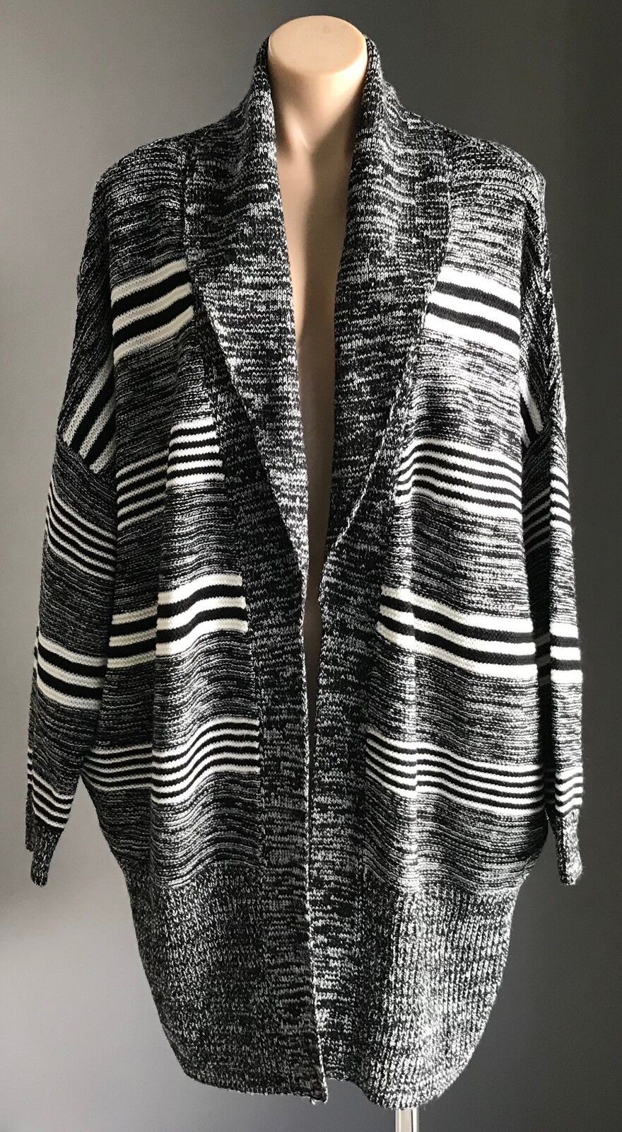 COTTON ON Knit Shawl Chunky Black & White Marl & Stripe Cardigan Size S 10 NEW