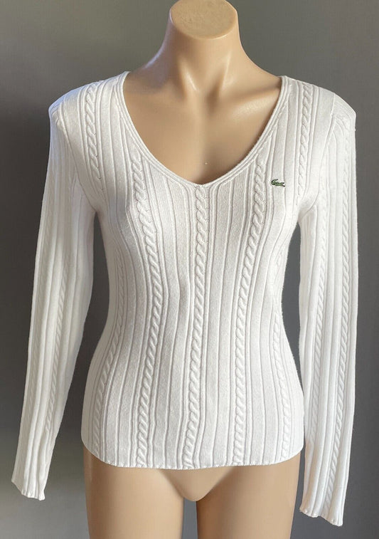 LACOSTE White Cable Knit V-Neck Sweater Size 38 AU 10 Long Sleeves Cotton Blend