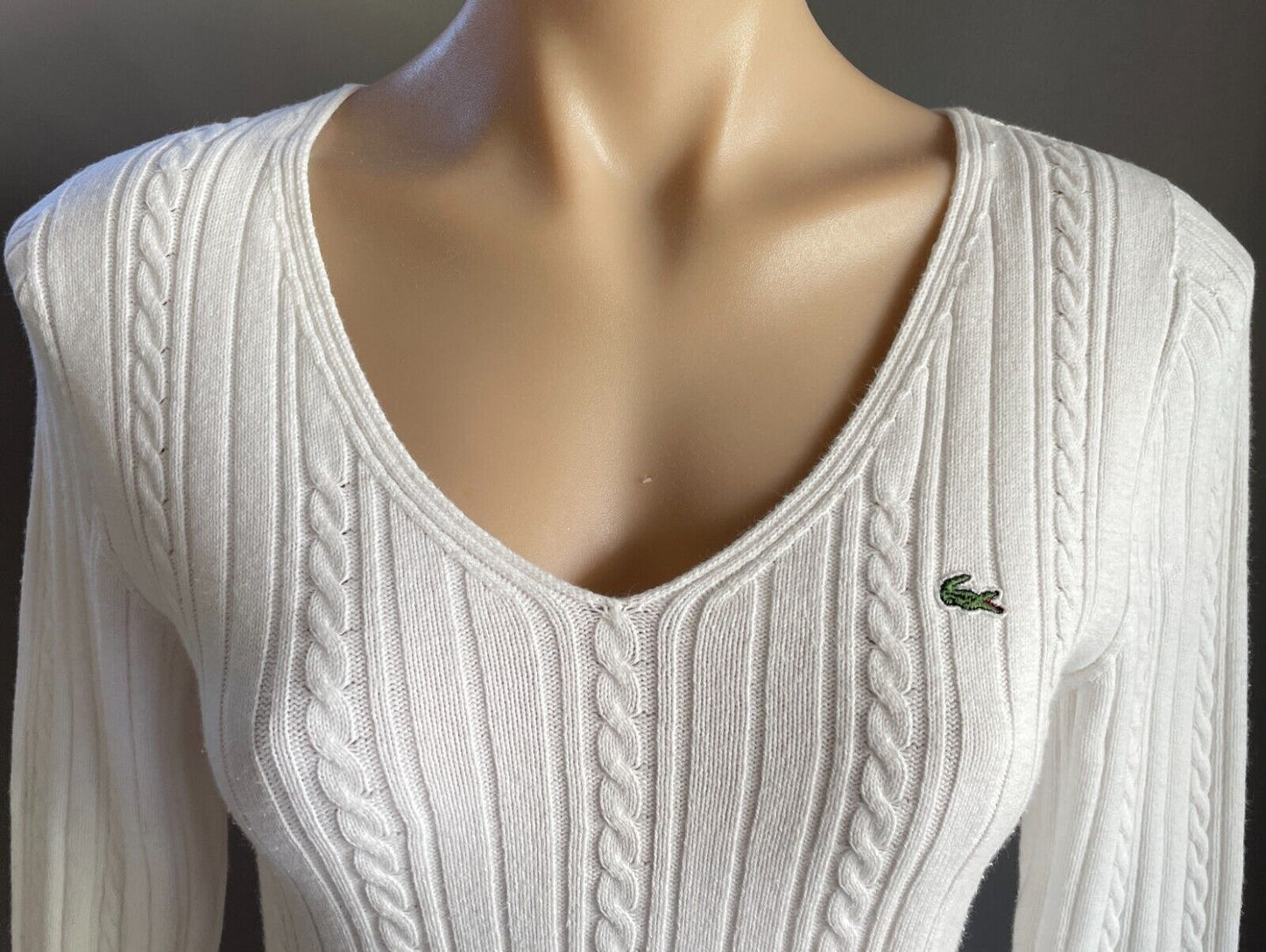 LACOSTE White Cable Knit V-Neck Sweater Size 38 AU 10 Long Sleeves Cotton Blend