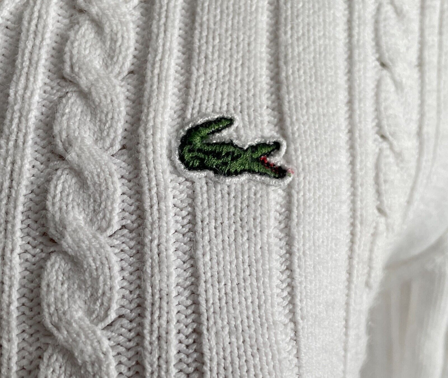 LACOSTE White Cable Knit V-Neck Sweater Size 38 AU 10 Long Sleeves Cotton Blend