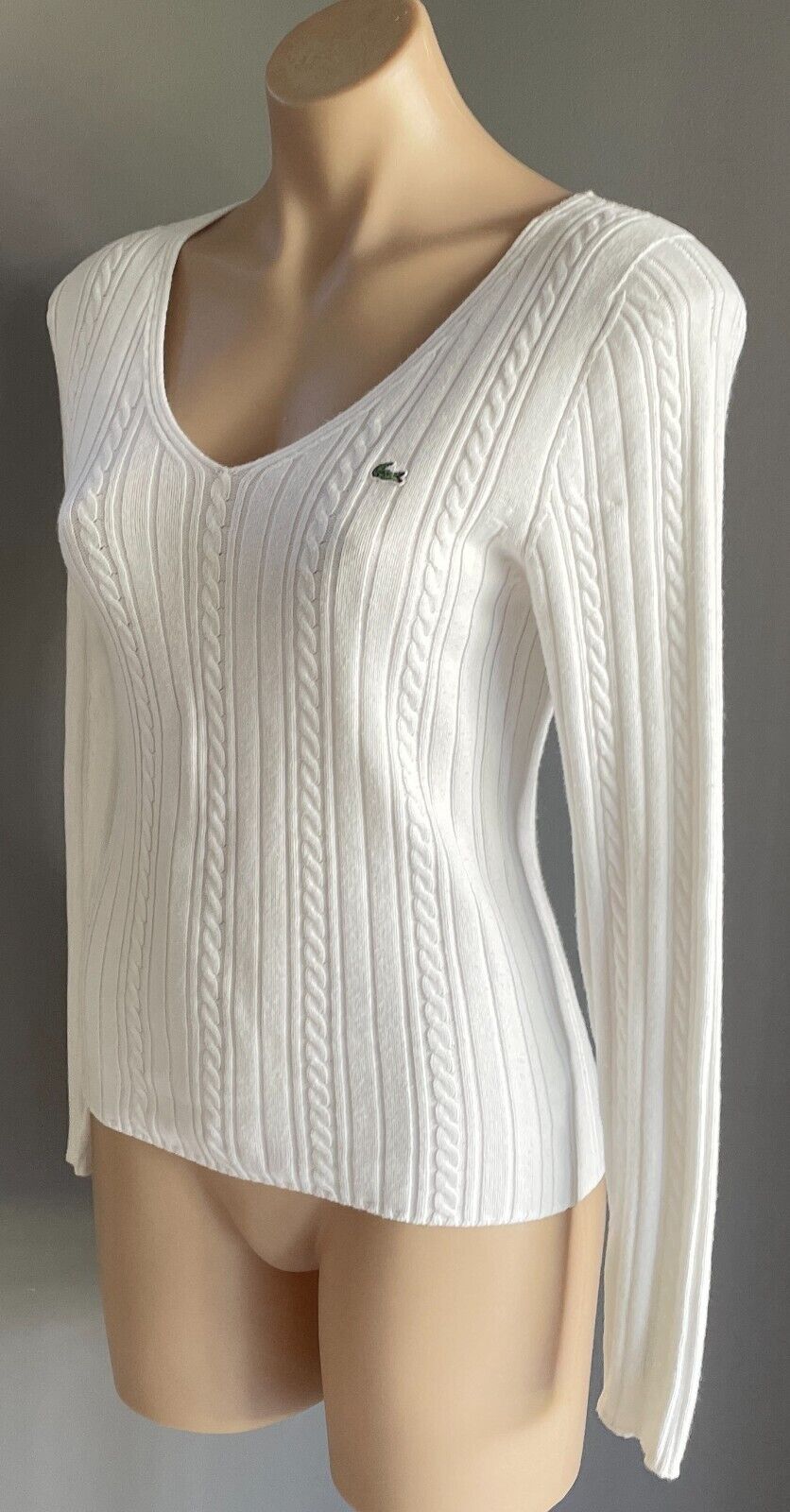 LACOSTE White Cable Knit V-Neck Sweater Size 38 AU 10 Long Sleeves Cotton Blend