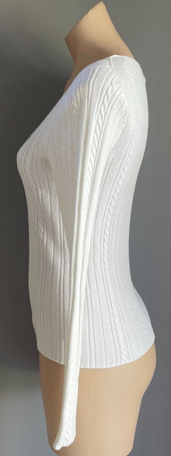 LACOSTE White Cable Knit V-Neck Sweater Size 38 AU 10 Long Sleeves Cotton Blend