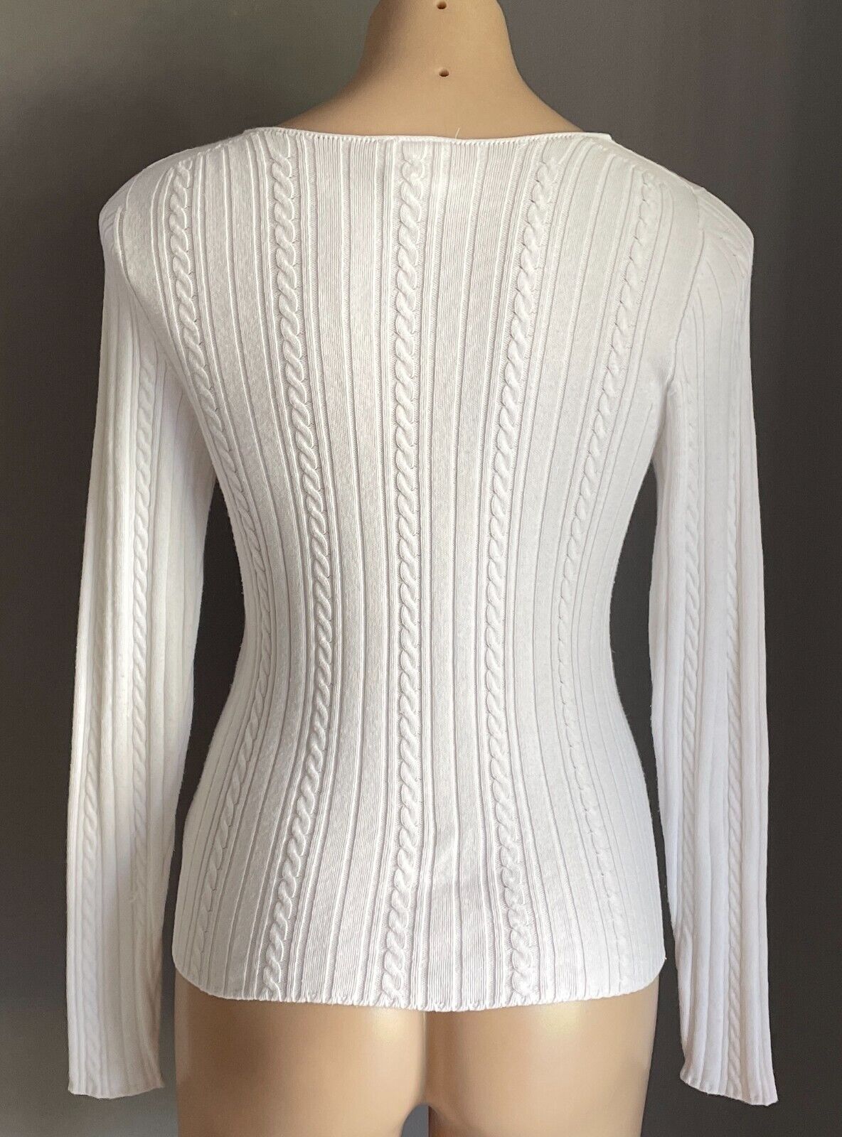 LACOSTE White Cable Knit V-Neck Sweater Size 38 AU 10 Long Sleeves Cotton Blend