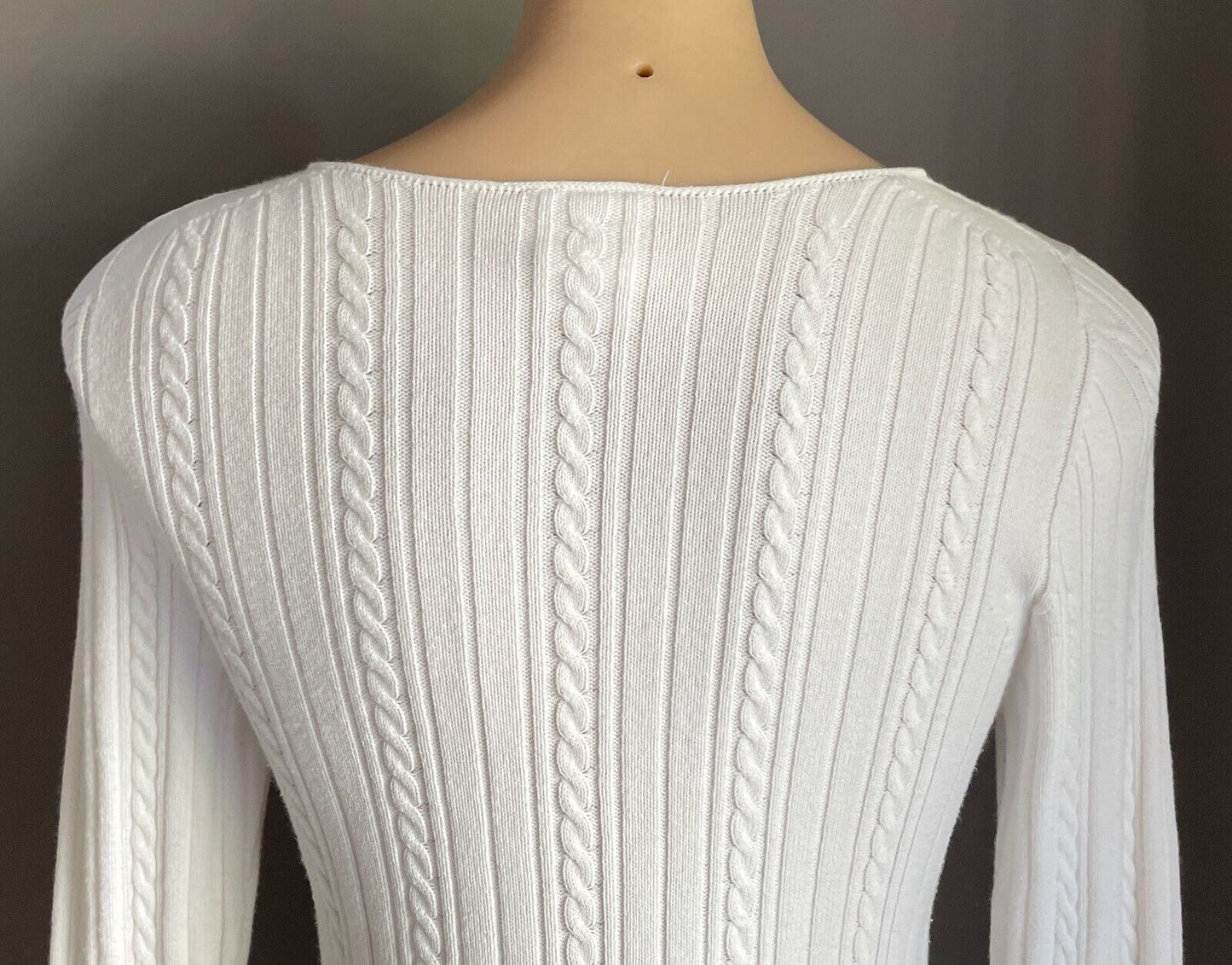 LACOSTE White Cable Knit V-Neck Sweater Size 38 AU 10 Long Sleeves Cotton Blend
