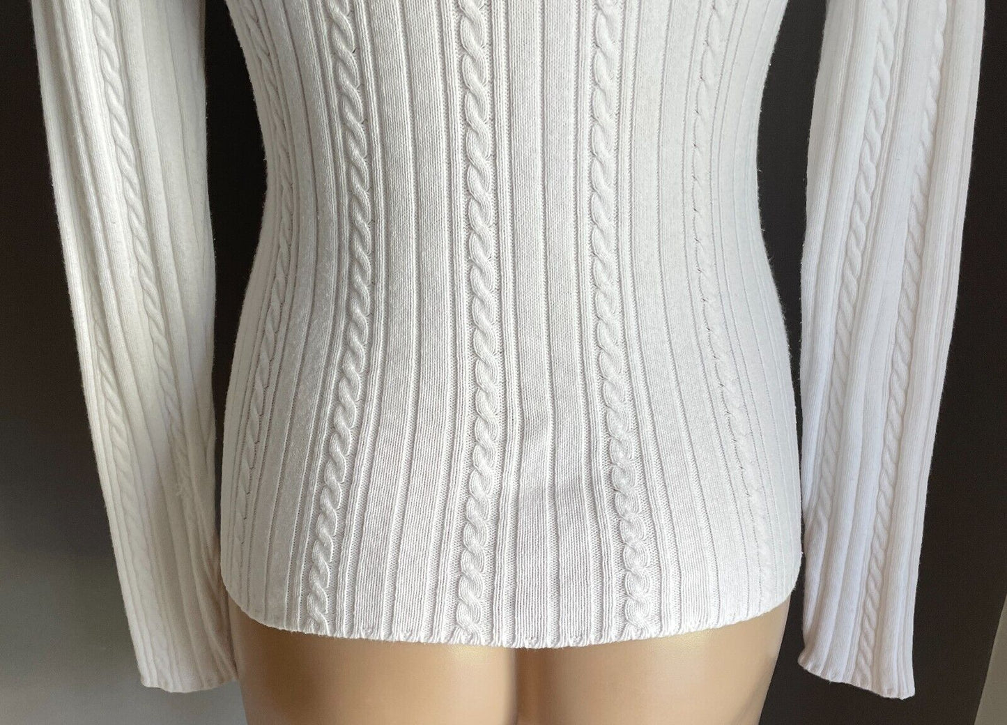 LACOSTE White Cable Knit V-Neck Sweater Size 38 AU 10 Long Sleeves Cotton Blend
