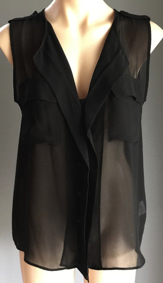 COTTON ON Top Sheer Black Sleeveless Collared Shirt Blouse Ladies Size S 10