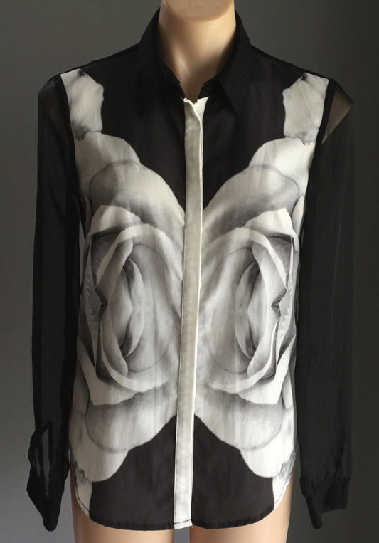 FINDERS KEEPERS Shirt Sheer Black & White Roses Graphic Print Top Sz XS AU 10