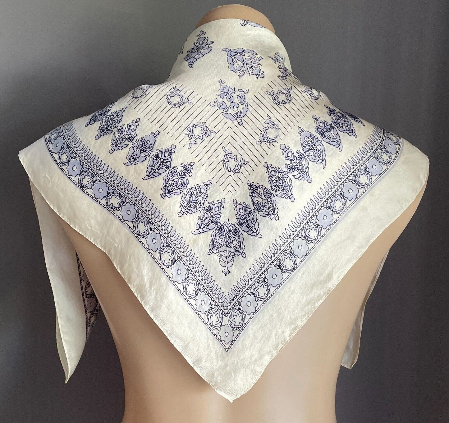 Silky Square Neck Scarf Off White Pale Blue Black Floral Lightweight 66 x 67cm