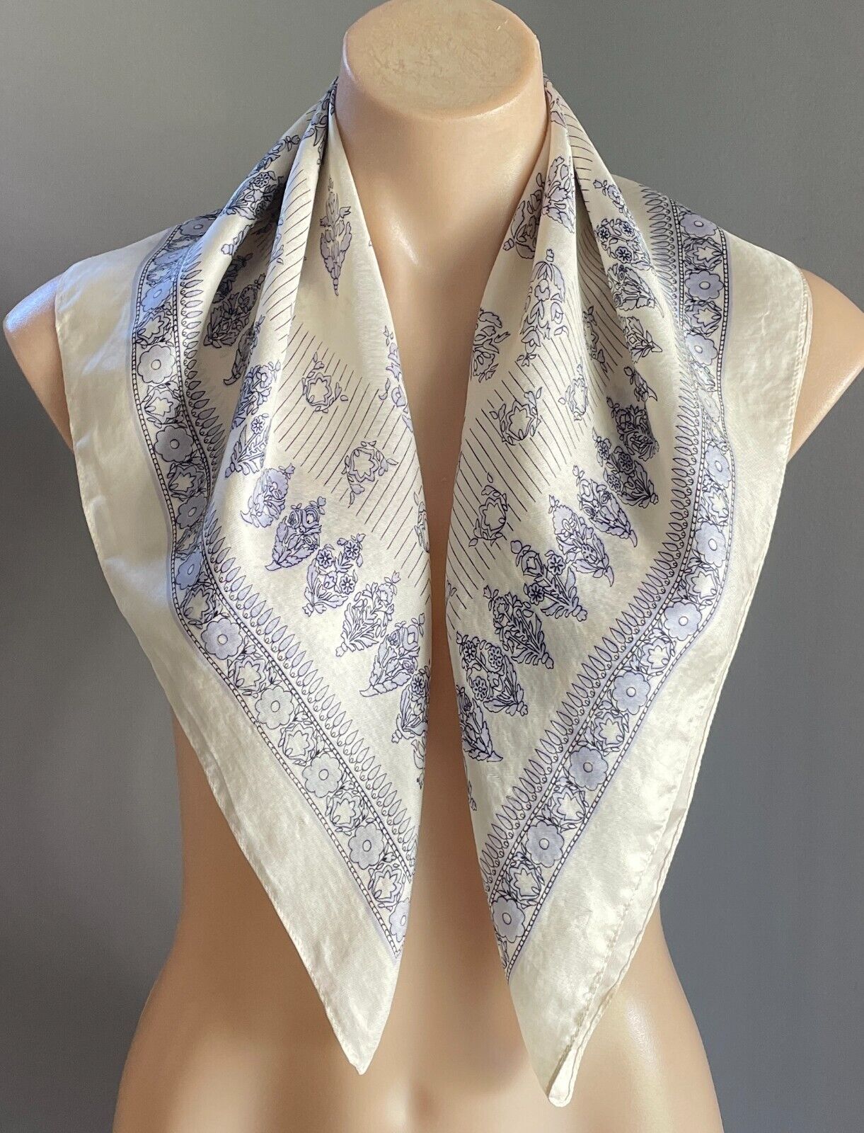 Silky Square Neck Scarf Off White Pale Blue Black Floral Lightweight 66 x 67cm