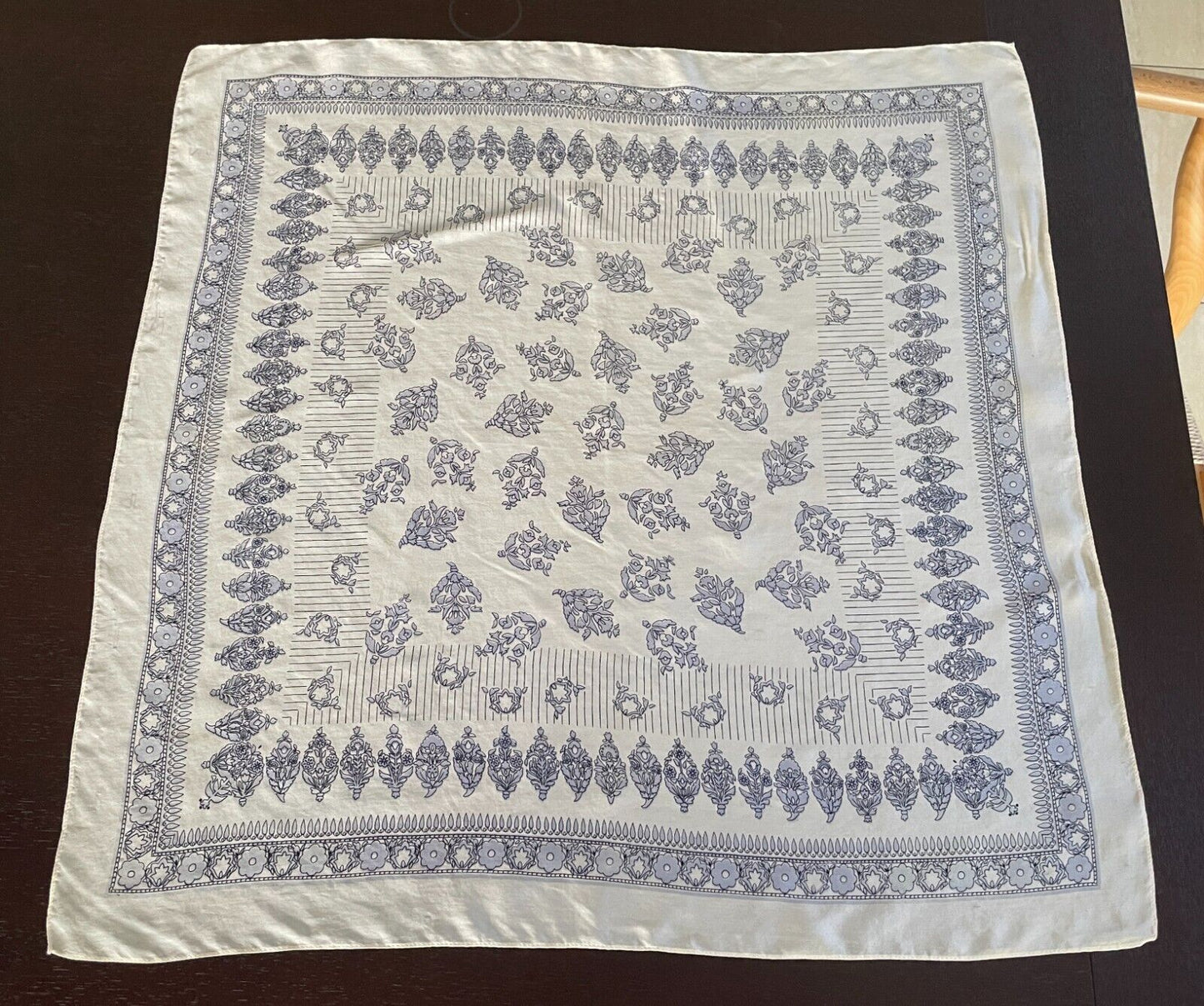 Silky Square Neck Scarf Off White Pale Blue Black Floral Lightweight 66 x 67cm