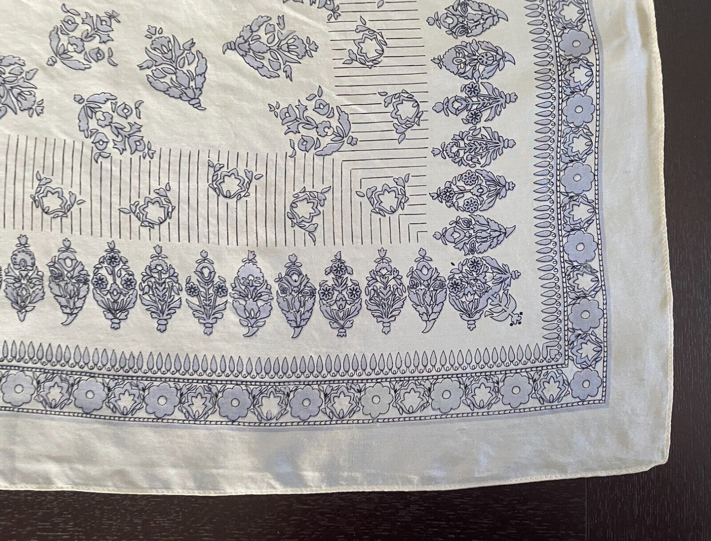 Silky Square Neck Scarf Off White Pale Blue Black Floral Lightweight 66 x 67cm