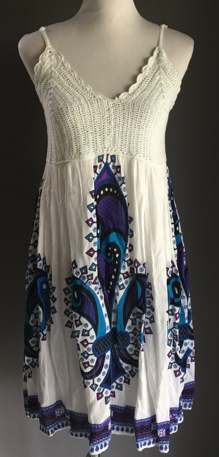 COTTON CHARM Crochet Top Dress MultiColoured on White Beach Size 6 8 Vintage