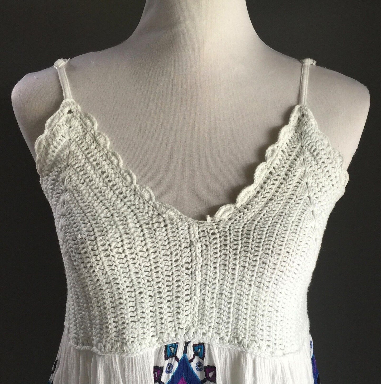 COTTON CHARM Crochet Top Dress MultiColoured on White Beach Size 6 8 Vintage