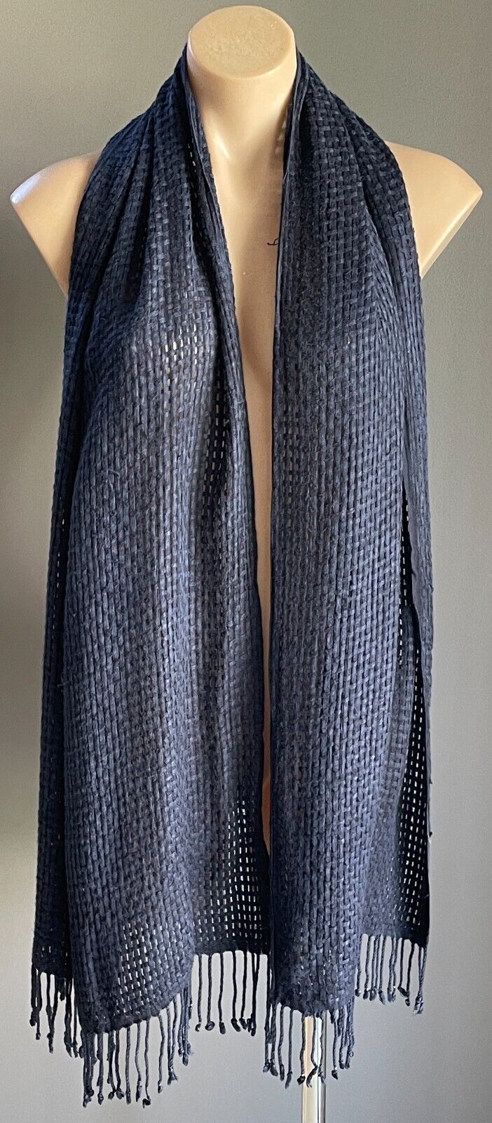 Neck Scarf Navy Blue Cross Hatch Rectangle Wrap Shawl Fringed 50 182cm Long NEW