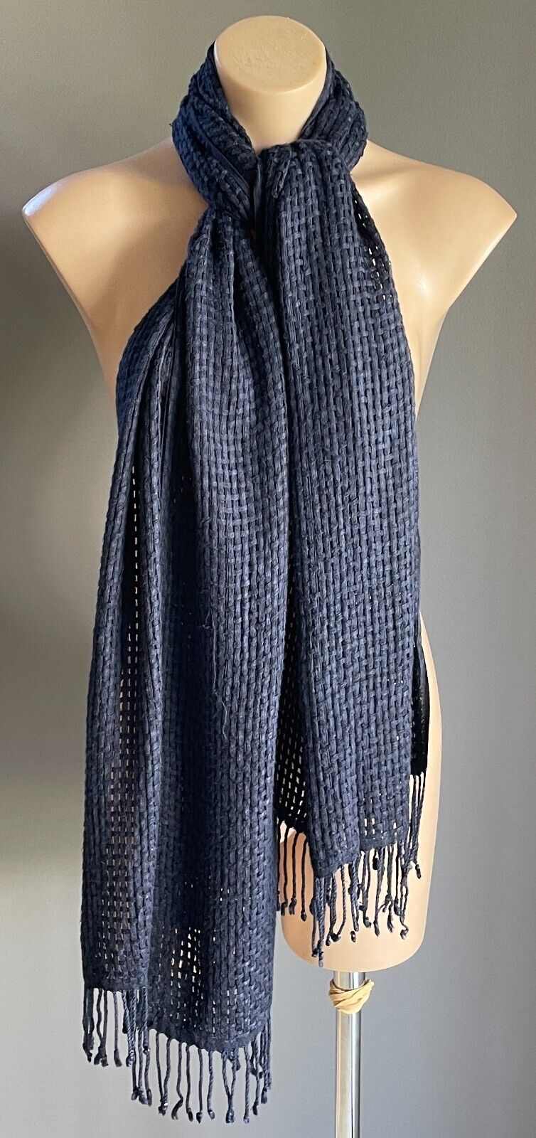 Neck Scarf Navy Blue Cross Hatch Rectangle Wrap Shawl Fringed 50 182cm Long NEW