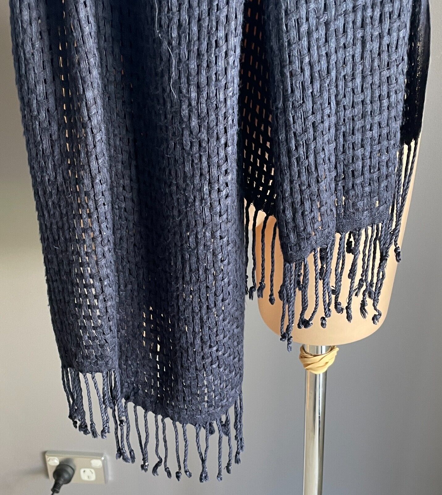 Neck Scarf Navy Blue Cross Hatch Rectangle Wrap Shawl Fringed 50 182cm Long NEW