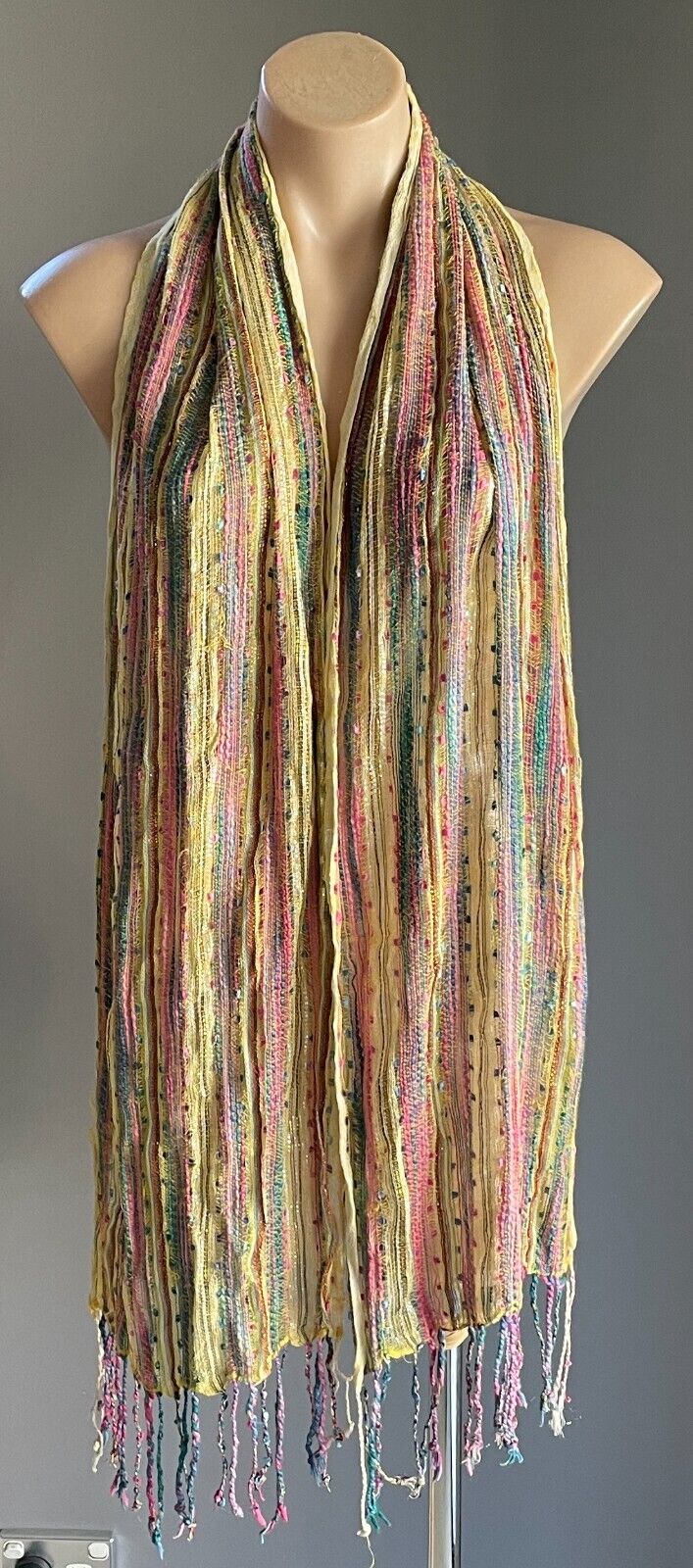 Autograph Neck SCARF Fringed Yellow Pink Gold Silver Thread Rectangle Cotton