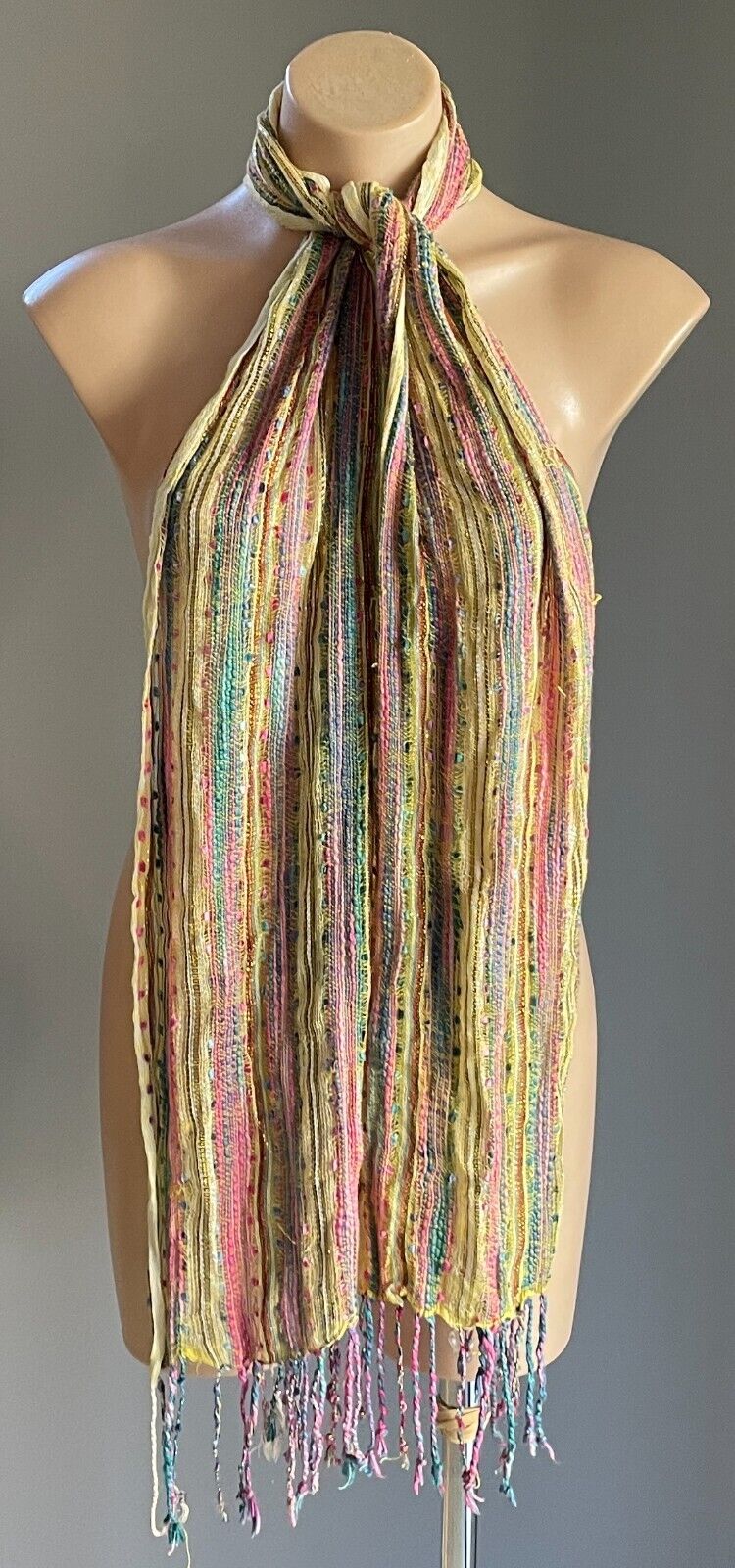 Autograph Neck SCARF Fringed Yellow Pink Gold Silver Thread Rectangle Cotton