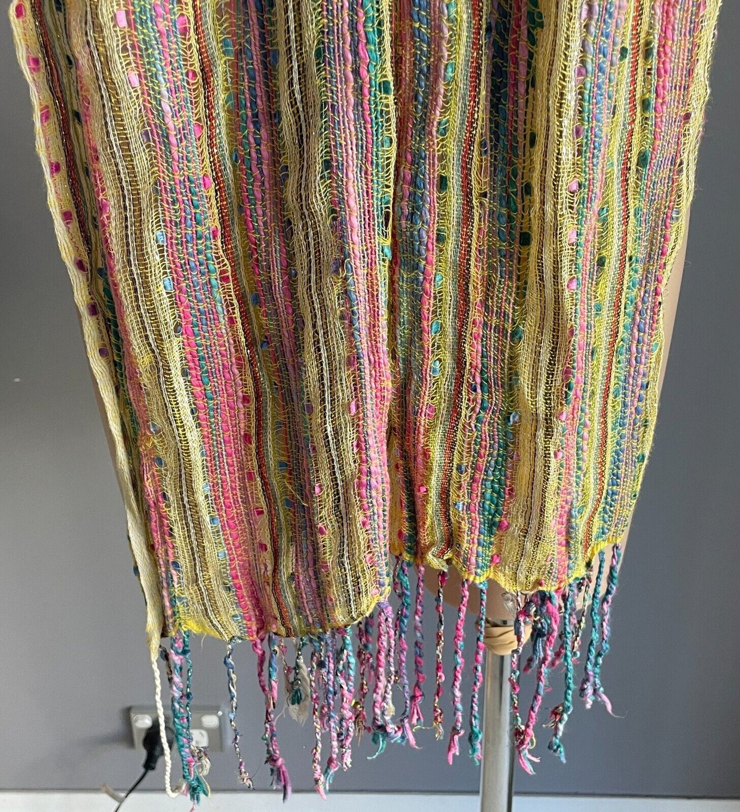 Autograph Neck SCARF Fringed Yellow Pink Gold Silver Thread Rectangle Cotton
