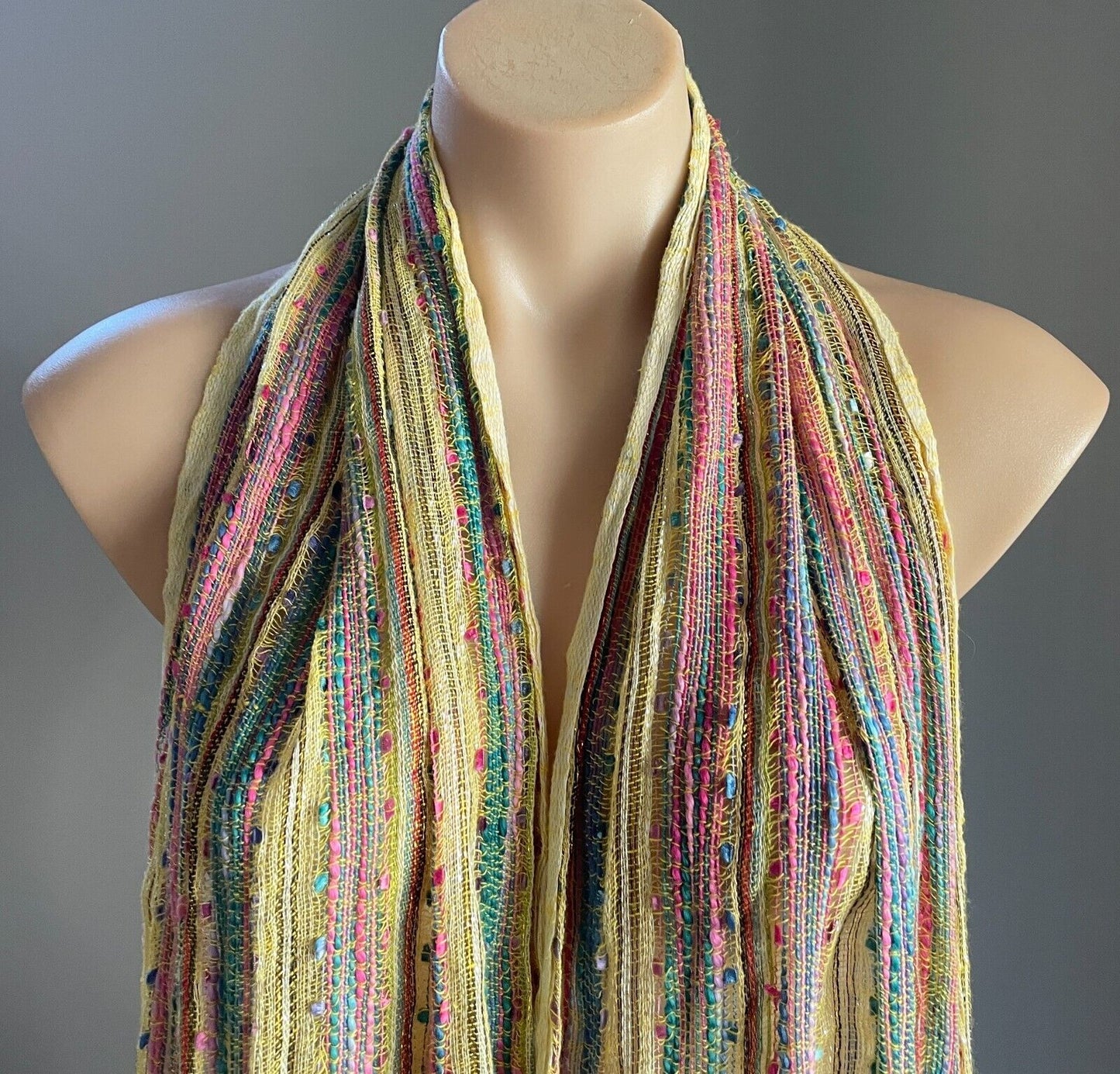 Autograph Neck SCARF Fringed Yellow Pink Gold Silver Thread Rectangle Cotton