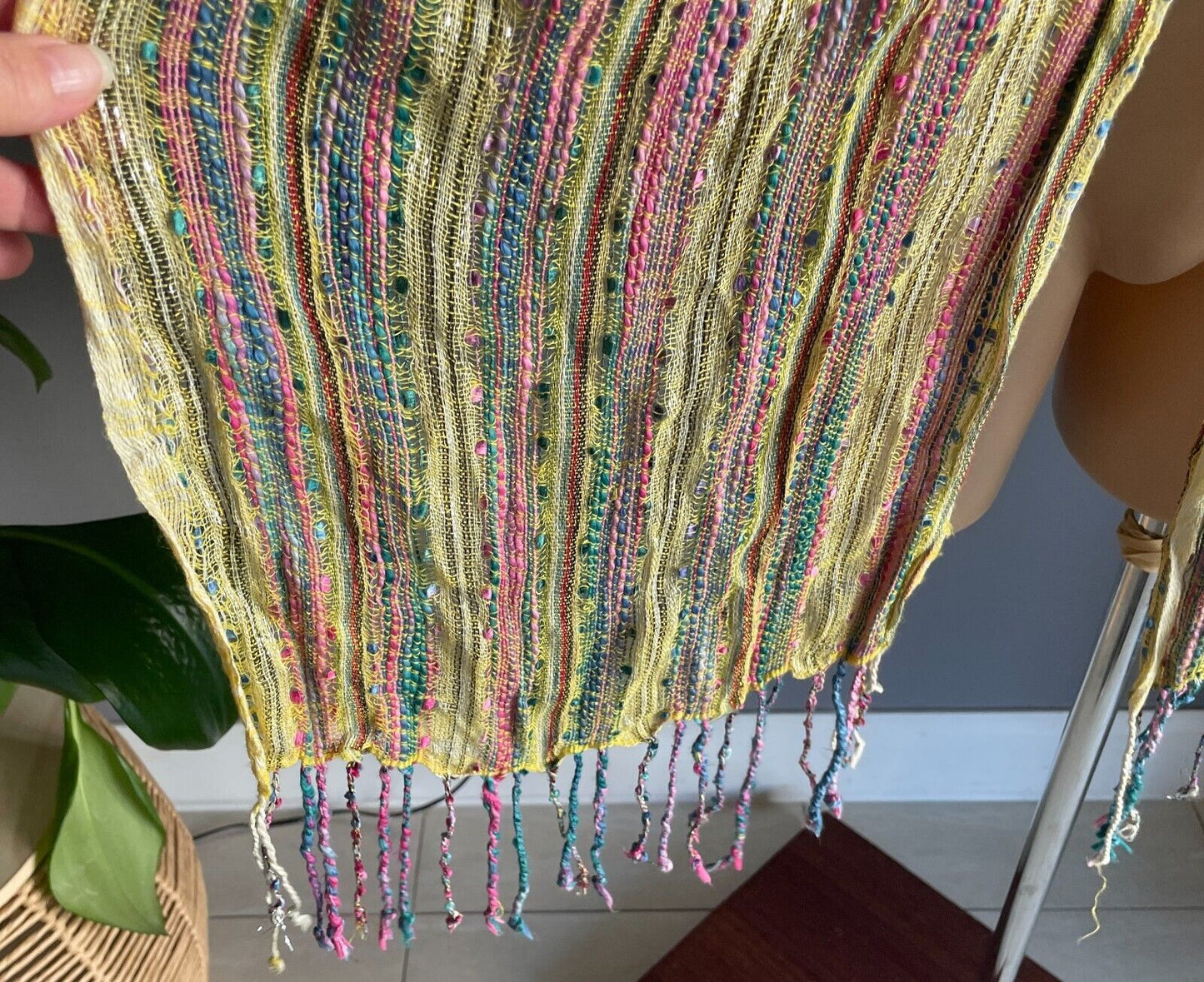 Autograph Neck SCARF Fringed Yellow Pink Gold Silver Thread Rectangle Cotton