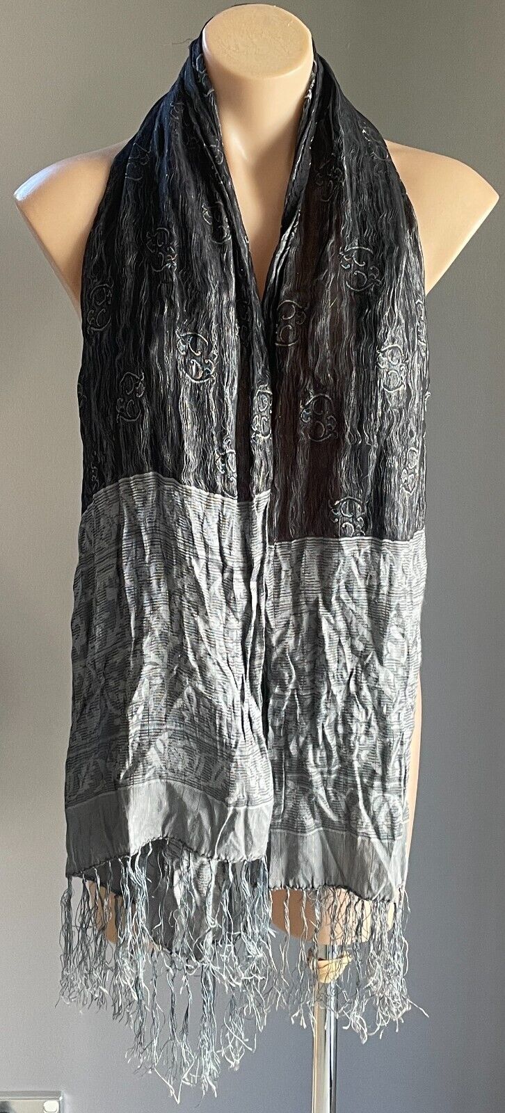 Neck Scarf Fringed Wrap Shawl Black Grey Gold Thread Rectangle Crinkle Luxe NEW