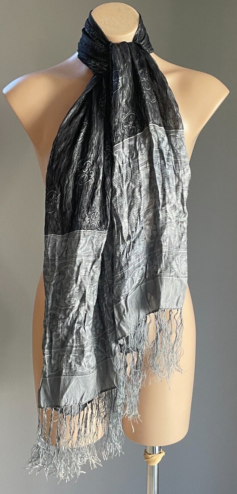 Neck Scarf Fringed Wrap Shawl Black Grey Gold Thread Rectangle Crinkle Luxe NEW