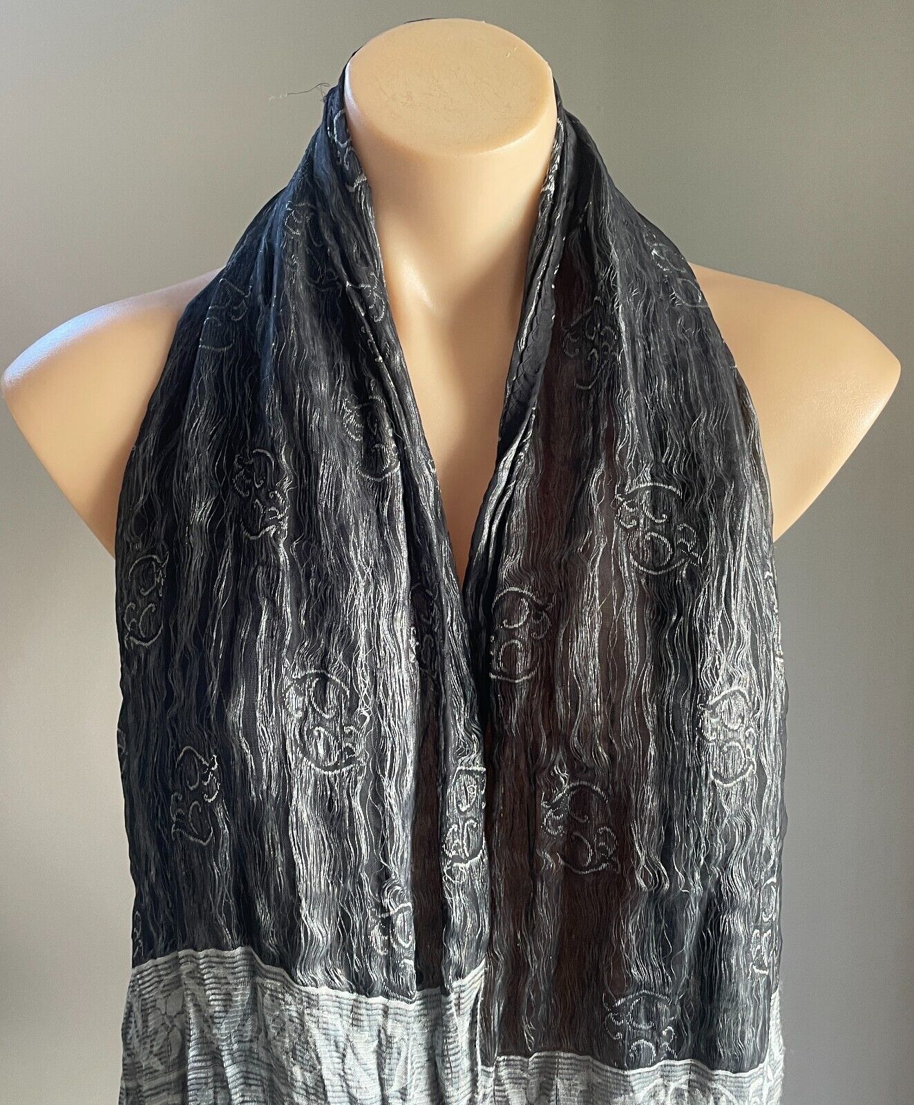 Neck Scarf Fringed Wrap Shawl Black Grey Gold Thread Rectangle Crinkle Luxe NEW