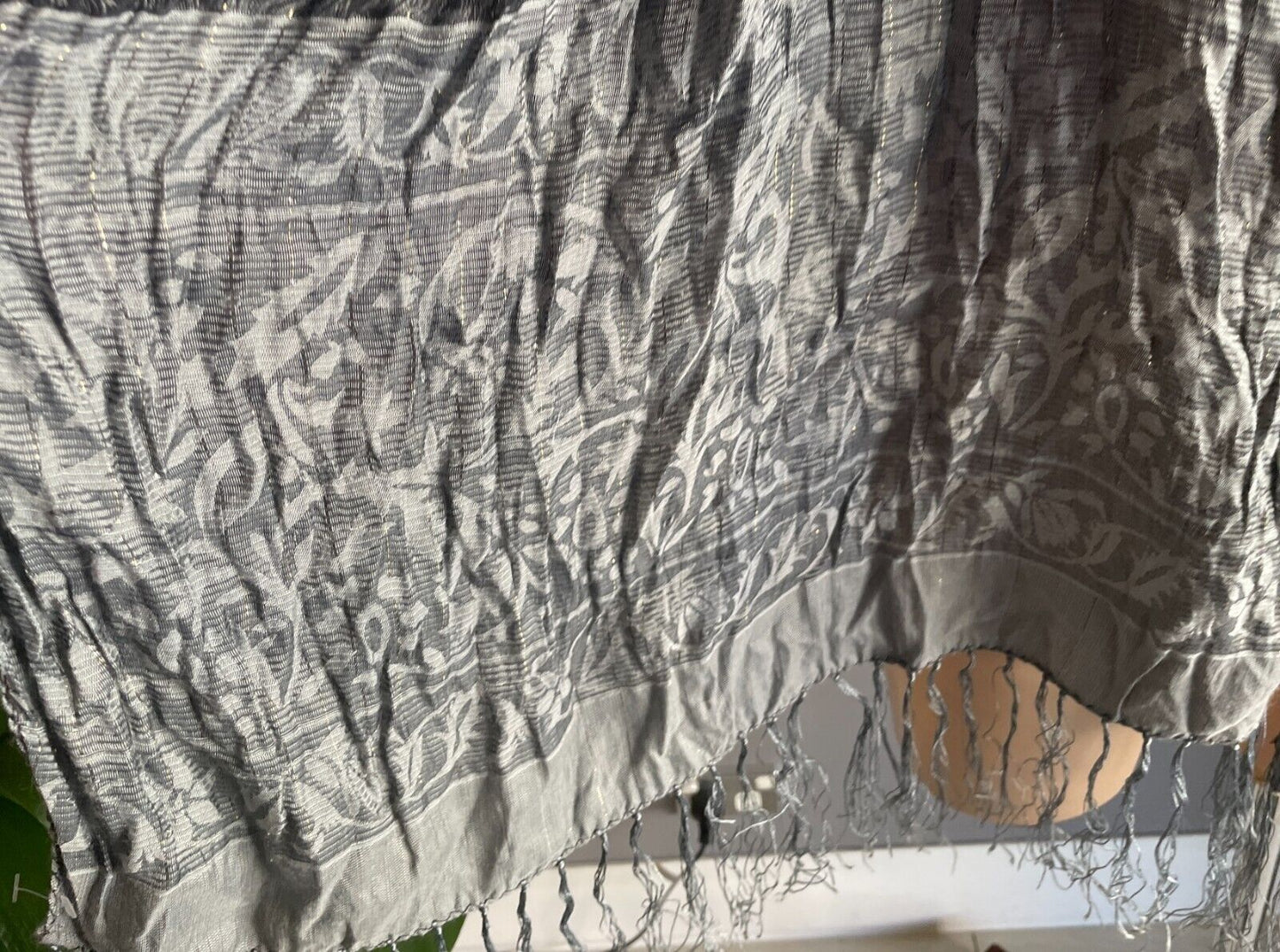 Neck Scarf Fringed Wrap Shawl Black Grey Gold Thread Rectangle Crinkle Luxe NEW
