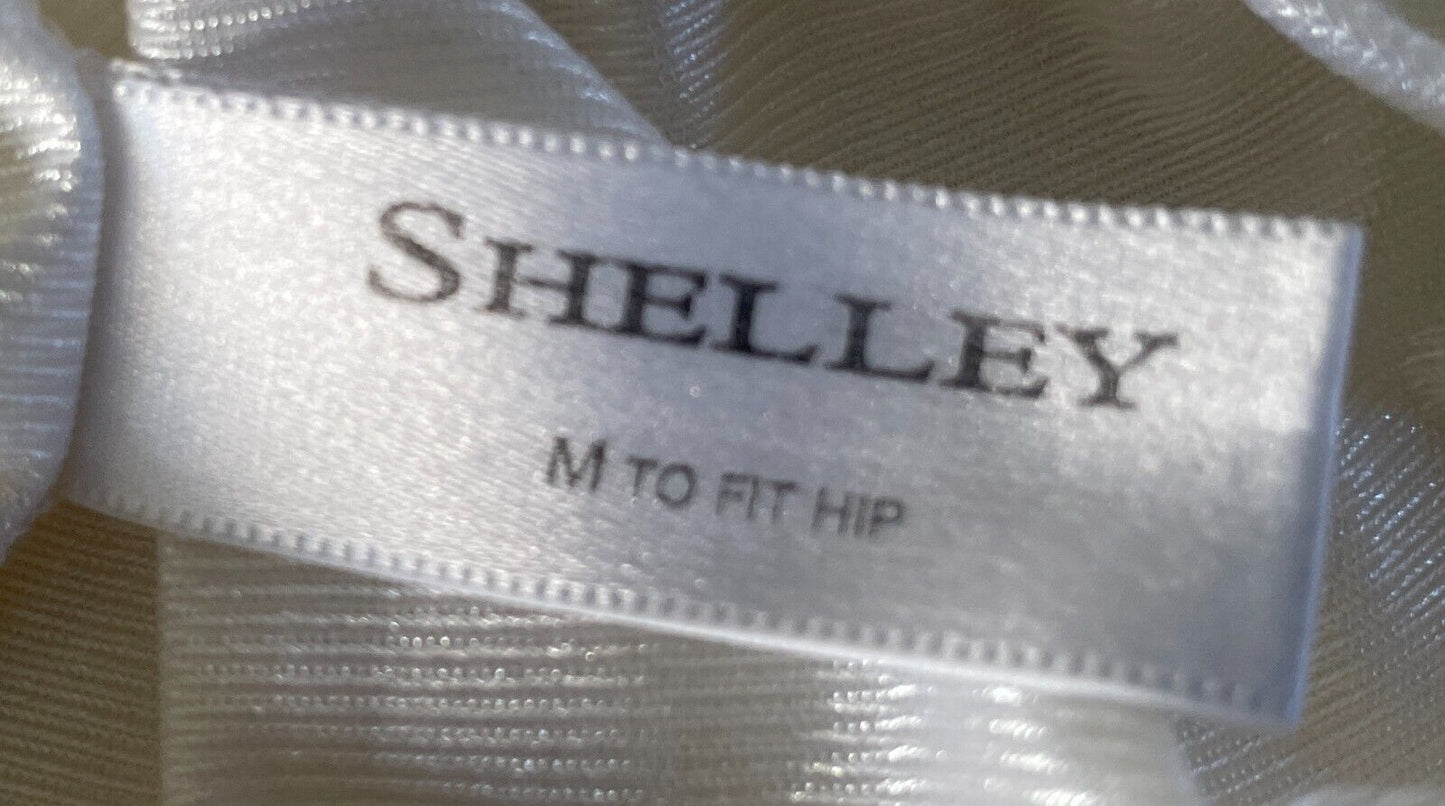 SHELLEY White Half Slip Nylon Elasticised Waist Size M Notched Lace Trim Hem