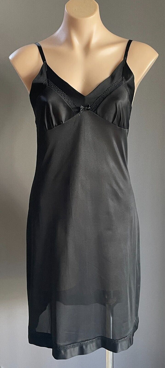 Vintage Petticoat Black Nylon Full Slip Lace Trim Size 12 Adjustable Strap 1980s