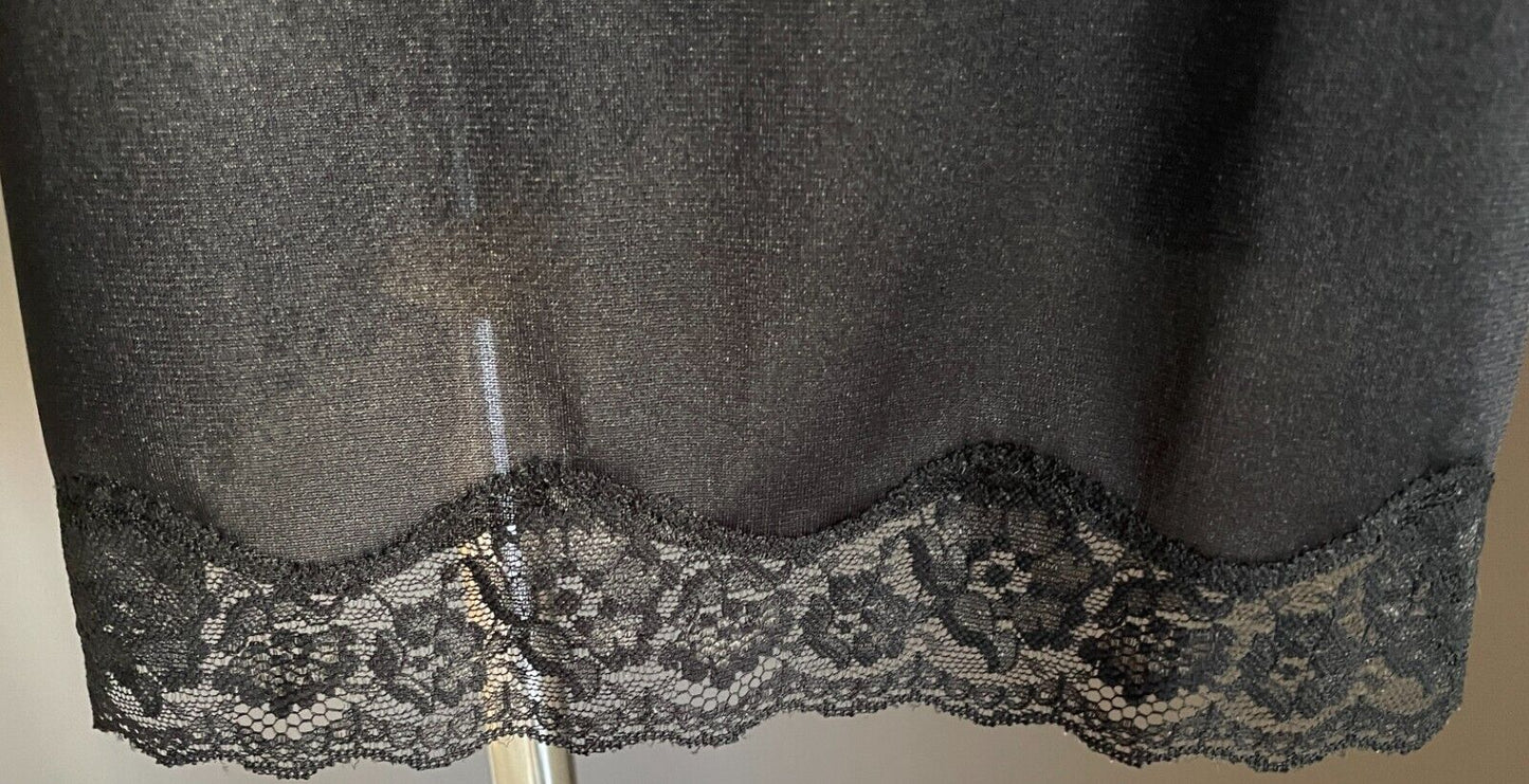 SHELLEY Black Half Slip Nylon Elasticised Waist Size M Notched Lace Trim Hem