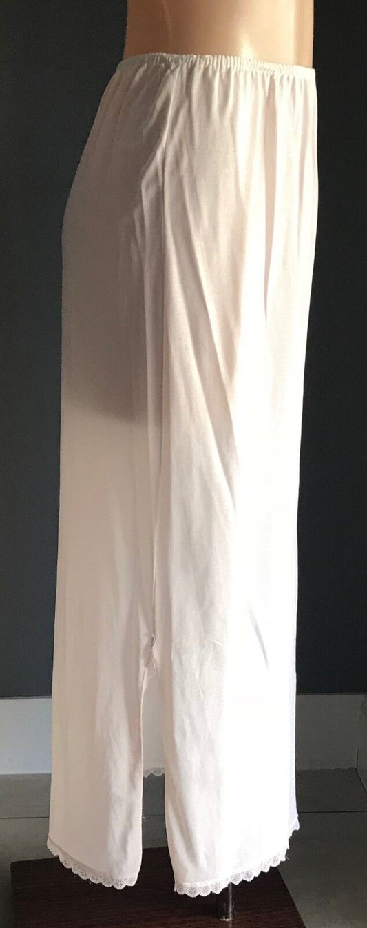 HALF SLIP Long Maxi Petticoat Beige Lace Trim Side Slit & Hem Size 10 12 Vintage