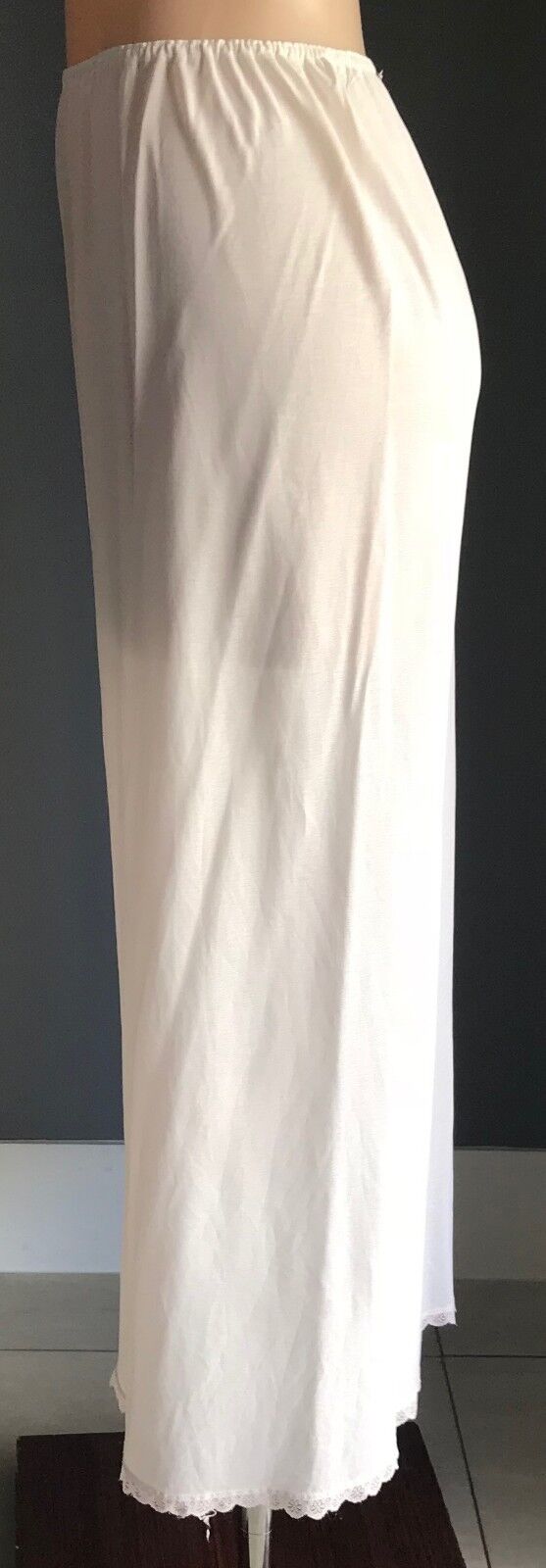 HALF SLIP Long Maxi Petticoat Beige Lace Trim Side Slit & Hem Size 10 12 Vintage
