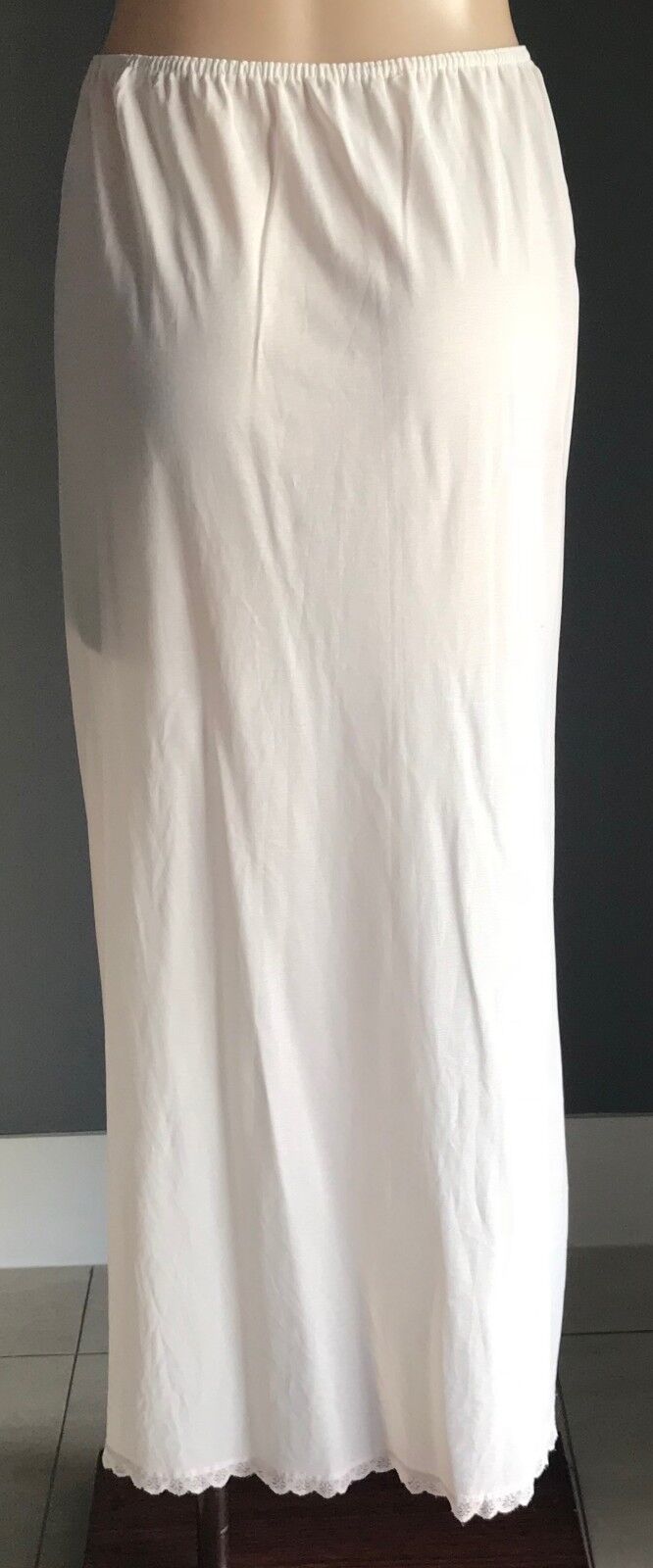 HALF SLIP Long Maxi Petticoat Beige Lace Trim Side Slit & Hem Size 10 12 Vintage
