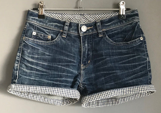 TEXWOOD Denim Shorts Short w Gingham Cuff Hem Ladies Size 24W Jeans Vintage