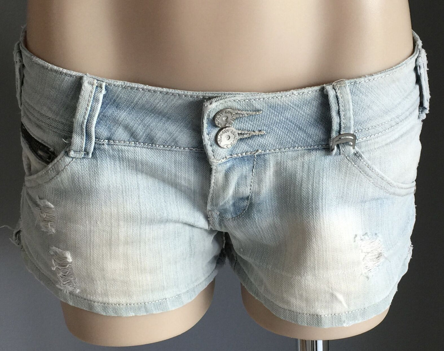 ALMOST FAMOUS Shorts Shorty Mini Faded Blue Distressed Denim Size 5 AU 10 Jeans