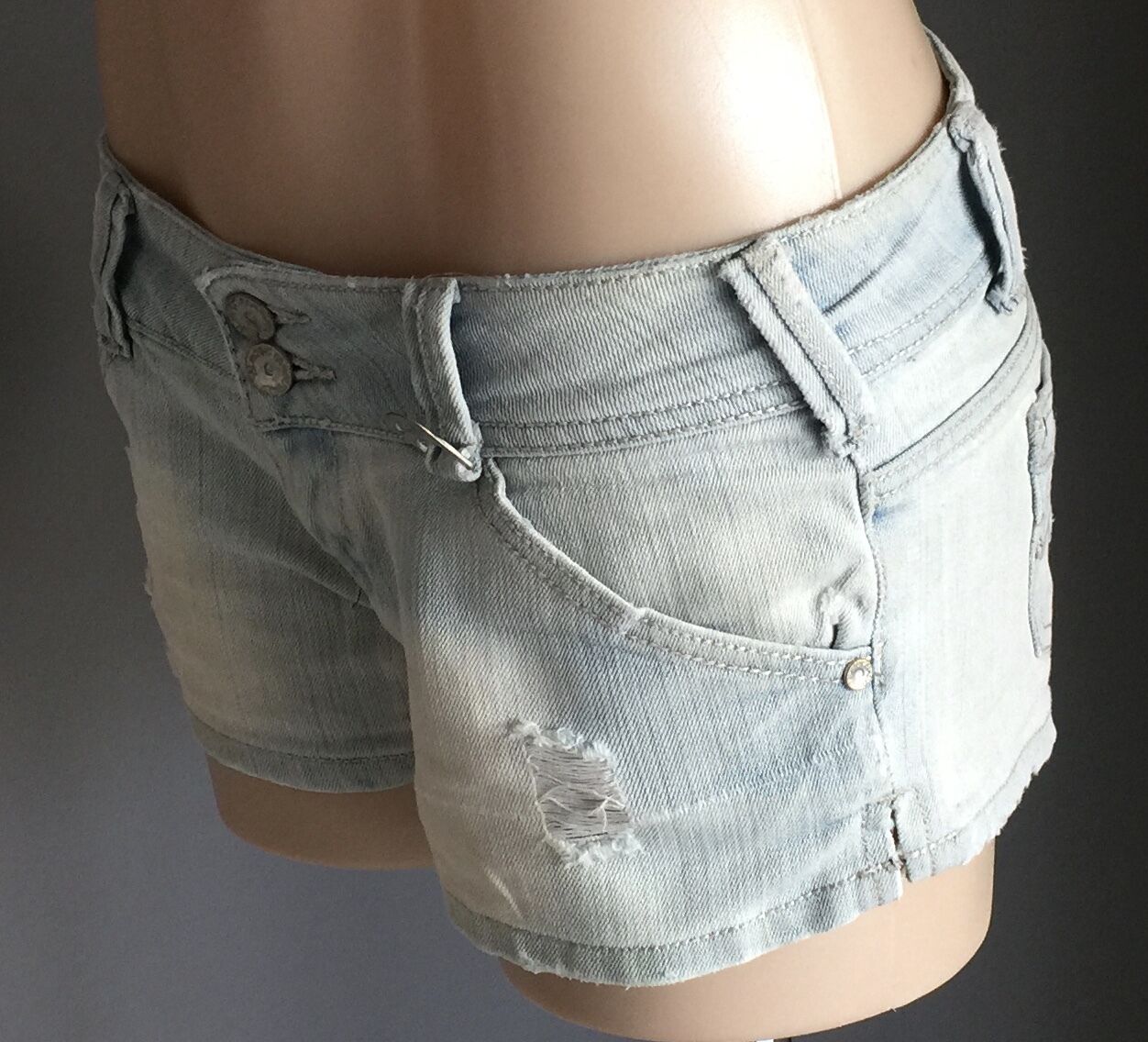 ALMOST FAMOUS Shorts Shorty Mini Faded Blue Distressed Denim Size 5 AU 10 Jeans