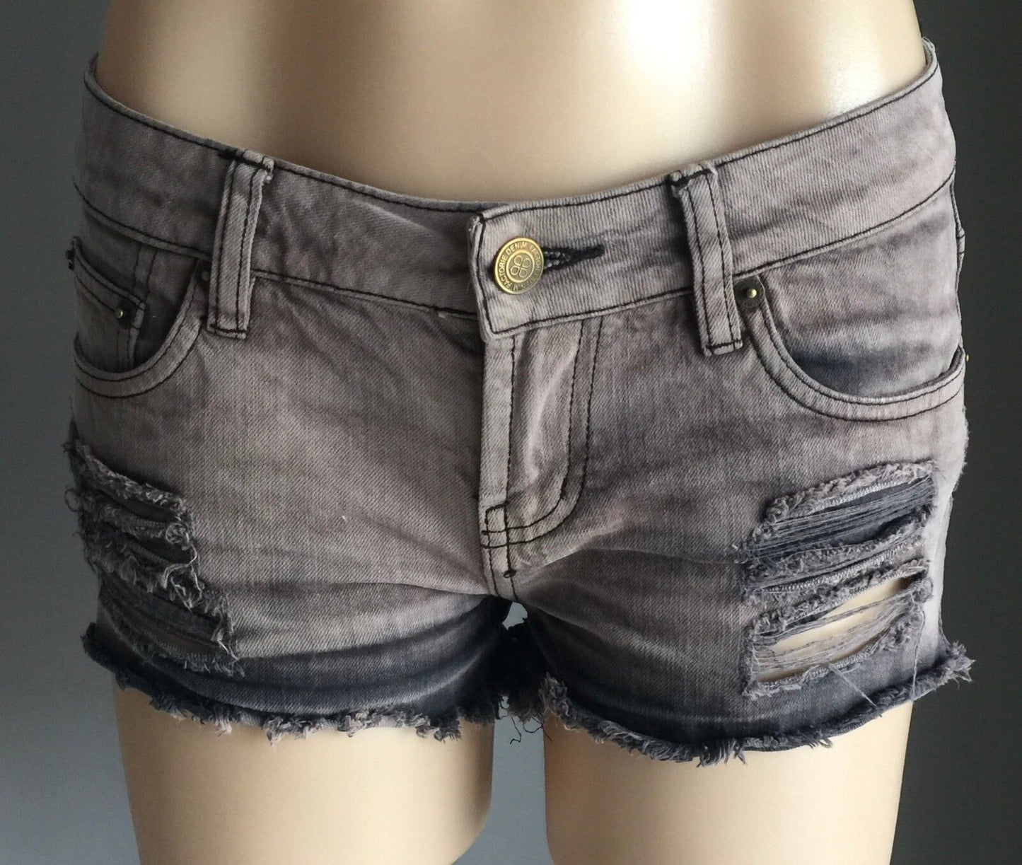 FACTORIE "Mustang" Cheeky Shorts Mid Waist Denim  Distressed Grey Wash Size 10