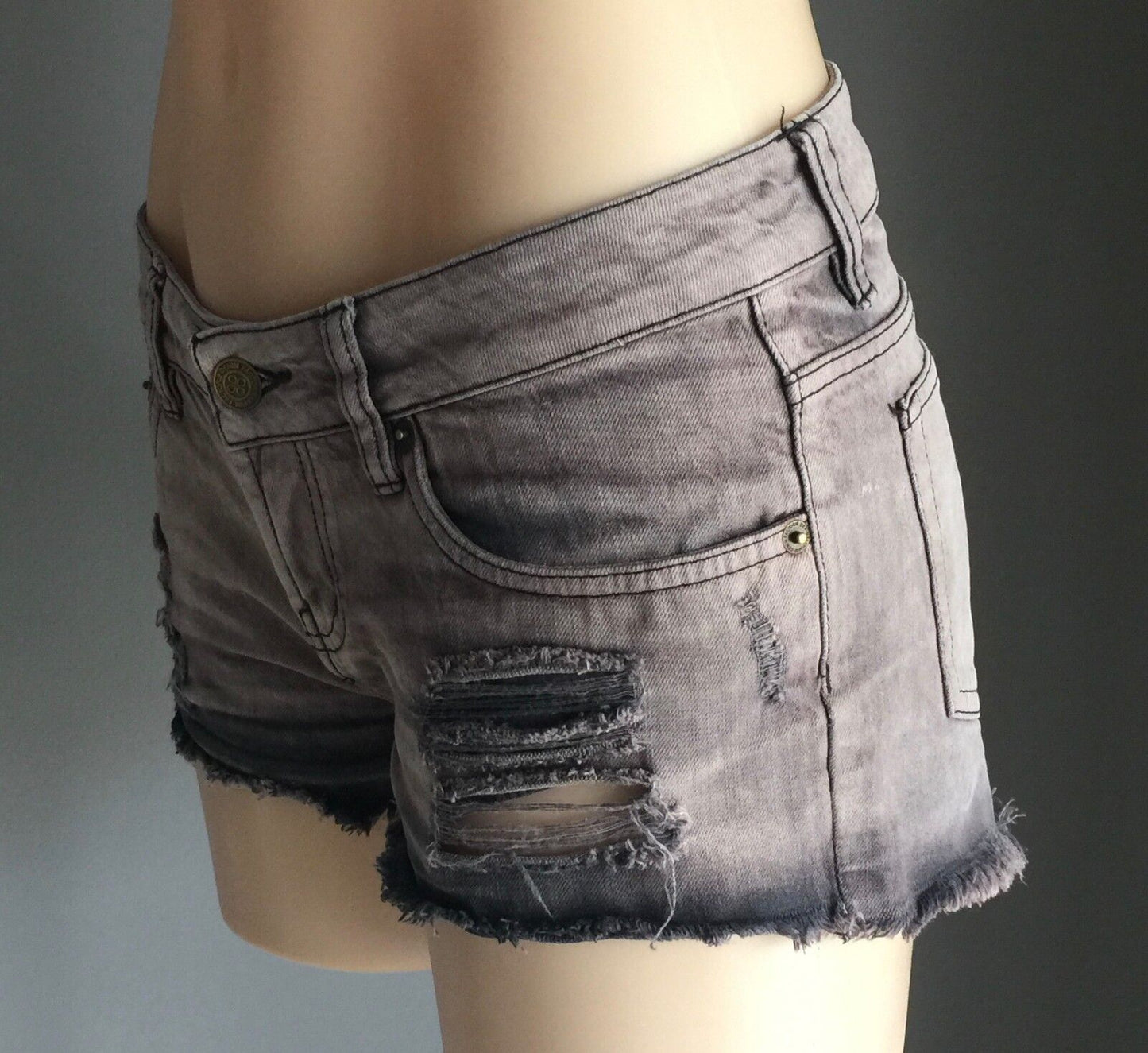 FACTORIE "Mustang" Cheeky Shorts Mid Waist Denim  Distressed Grey Wash Size 10