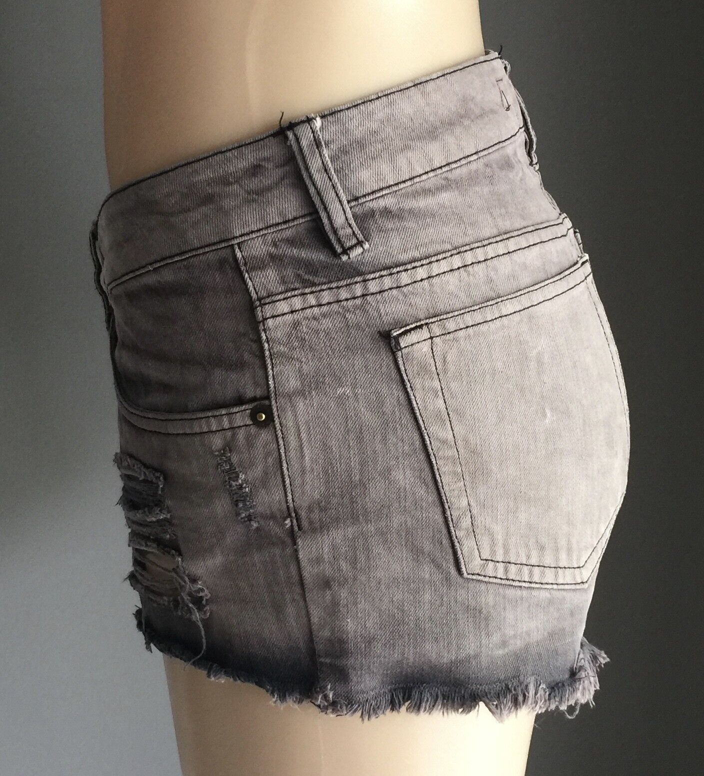 FACTORIE "Mustang" Cheeky Shorts Mid Waist Denim  Distressed Grey Wash Size 10