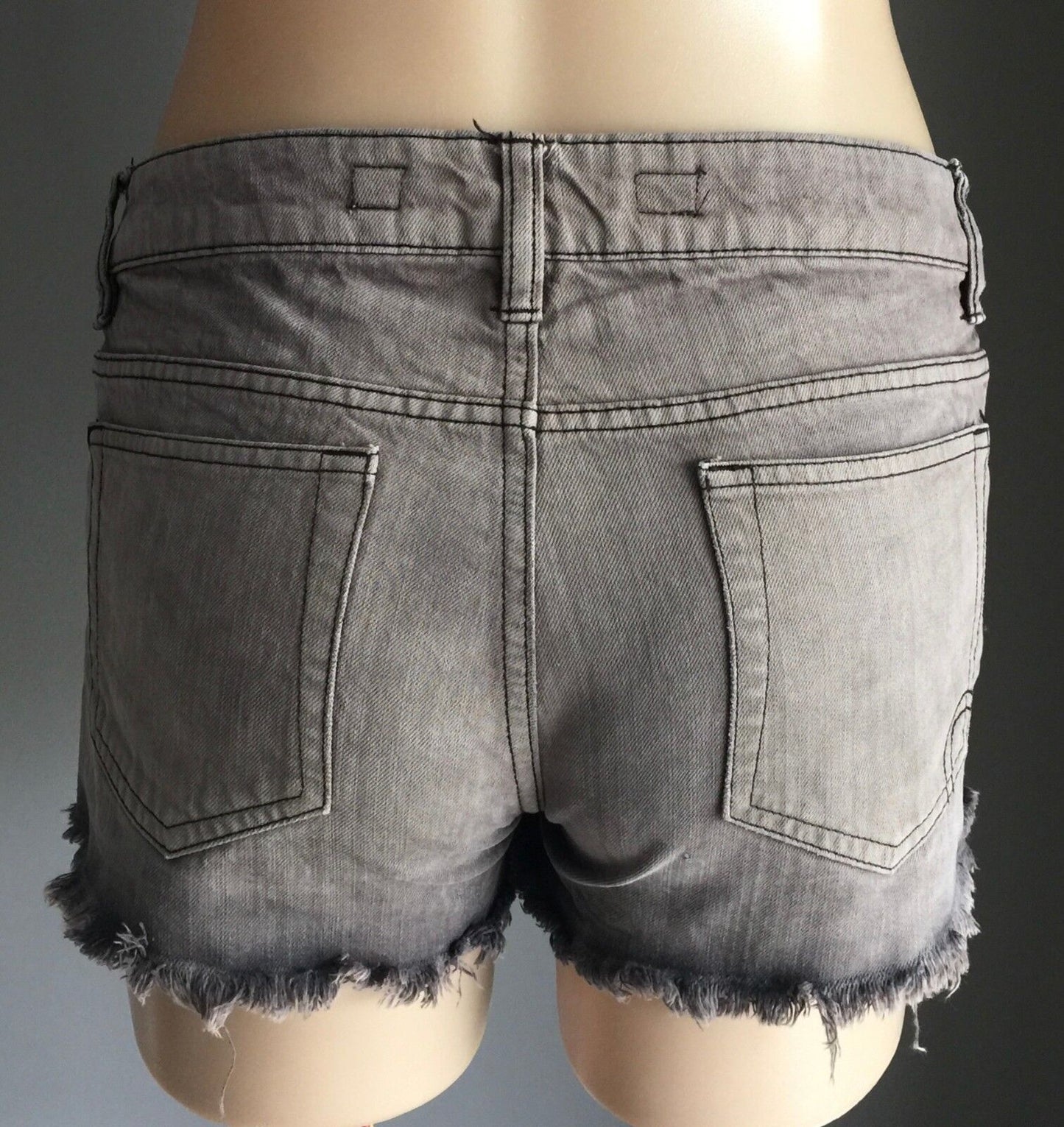 FACTORIE "Mustang" Cheeky Shorts Mid Waist Denim  Distressed Grey Wash Size 10