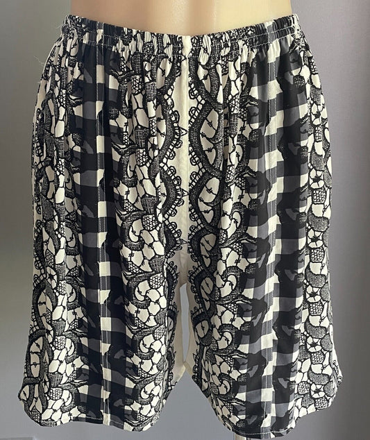 SILK SHORTS Elastic Waist Black Cream Grey Floral Lace & Check Print Size 10