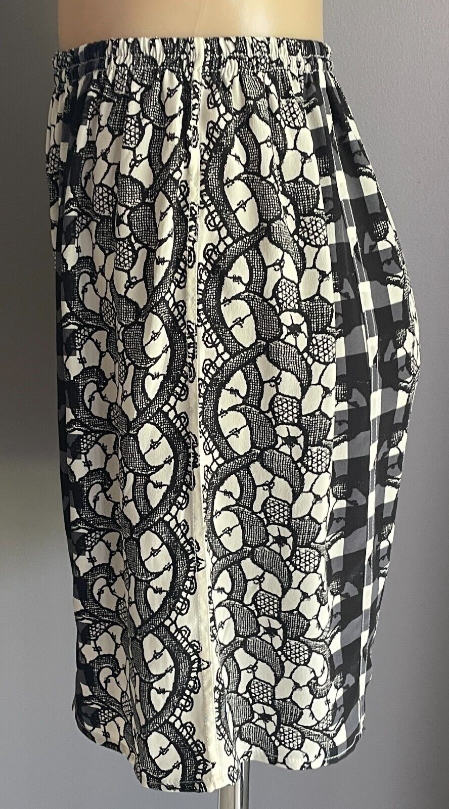 SILK SHORTS Elastic Waist Black Cream Grey Floral Lace & Check Print Size 10