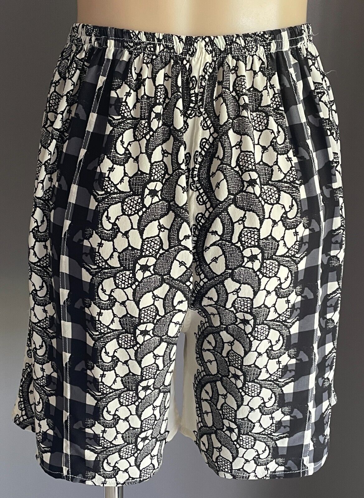SILK SHORTS Elastic Waist Black Cream Grey Floral Lace & Check Print Size 10