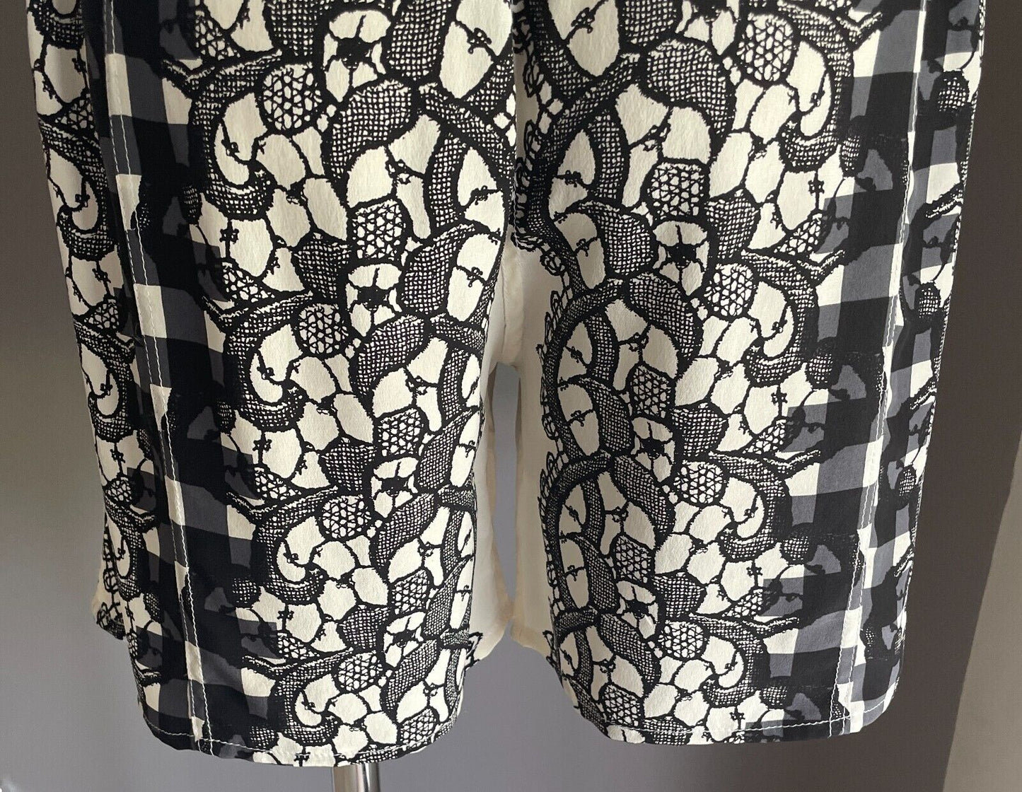 SILK SHORTS Elastic Waist Black Cream Grey Floral Lace & Check Print Size 10