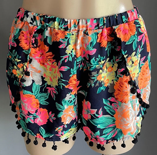 ICE FASHION Wrap Shorts Black Multicoloured Floral Elastic Waist Pom Pom Sz L 10