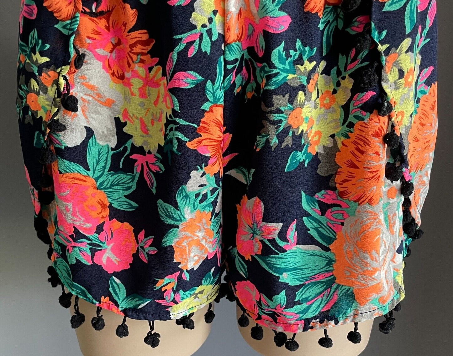 ICE FASHION Wrap Shorts Black Multicoloured Floral Elastic Waist Pom Pom Sz L 10