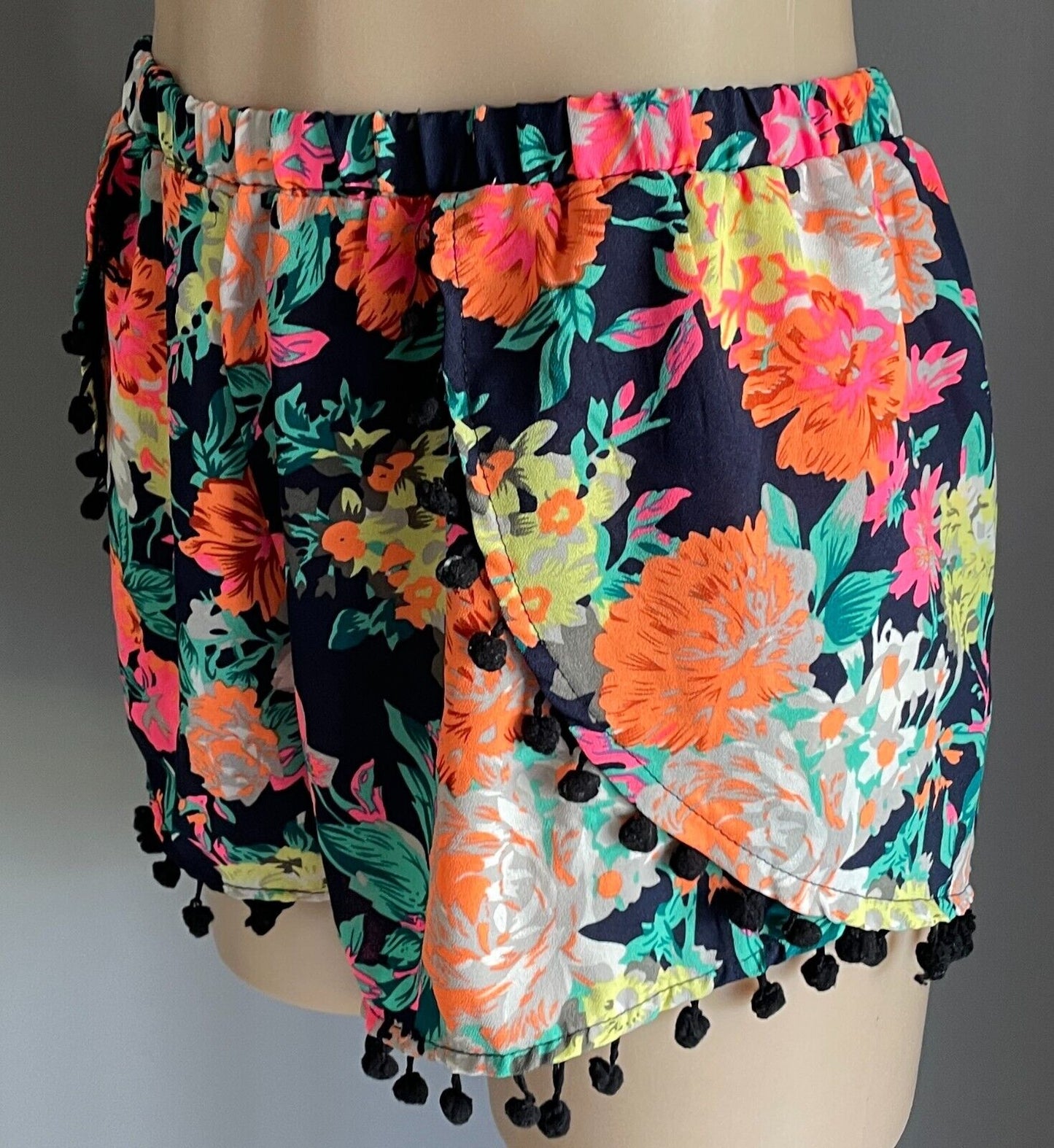 ICE FASHION Wrap Shorts Black Multicoloured Floral Elastic Waist Pom Pom Sz L 10